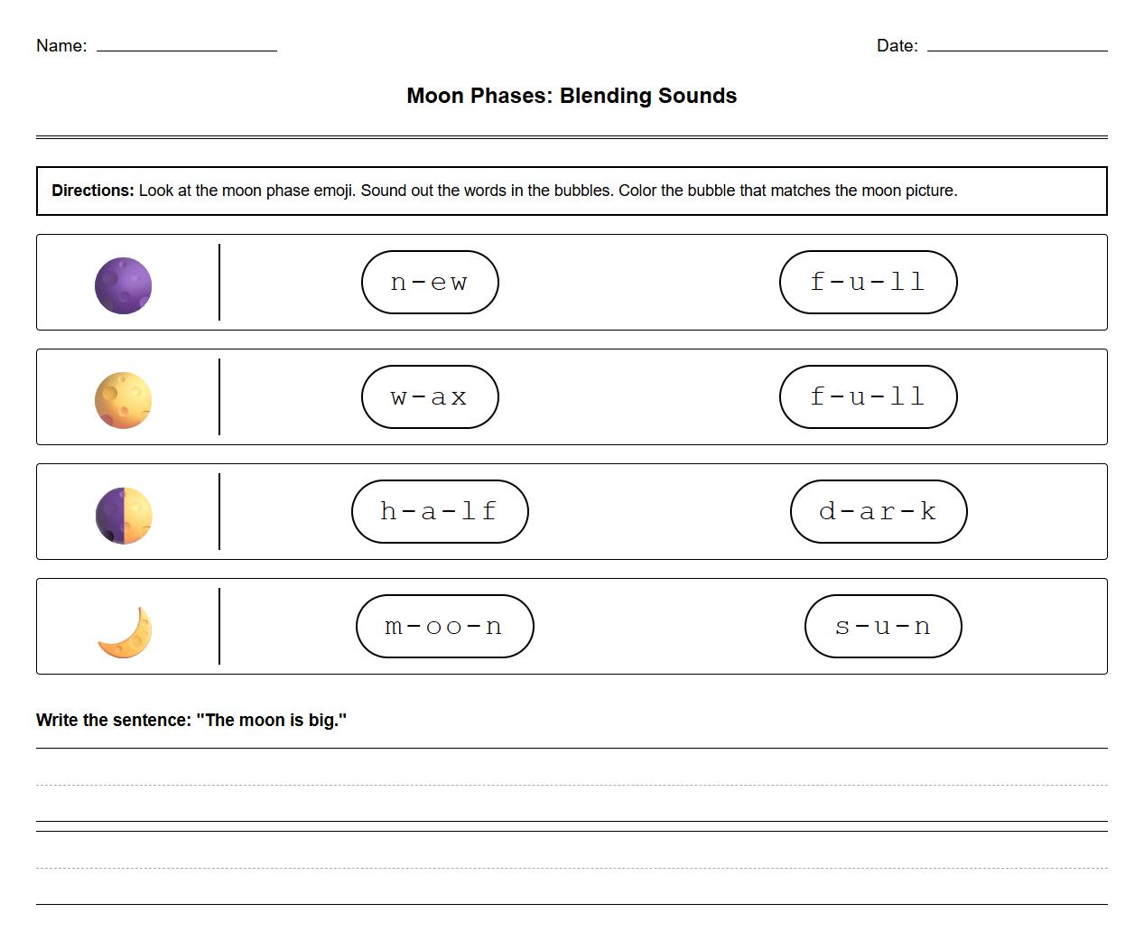 Moon Phases Blending Sounds Worksheet