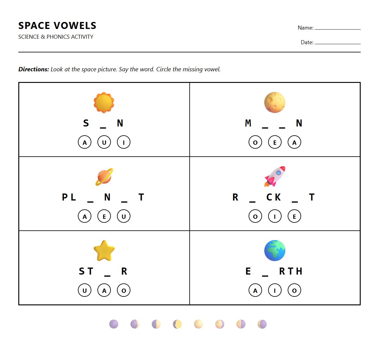 Moon Phases Vowel Sound Recognition Worksheet