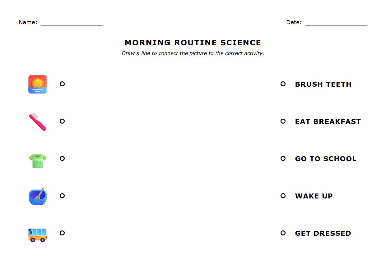 Morning Routine Picture-Word Association Worksheet