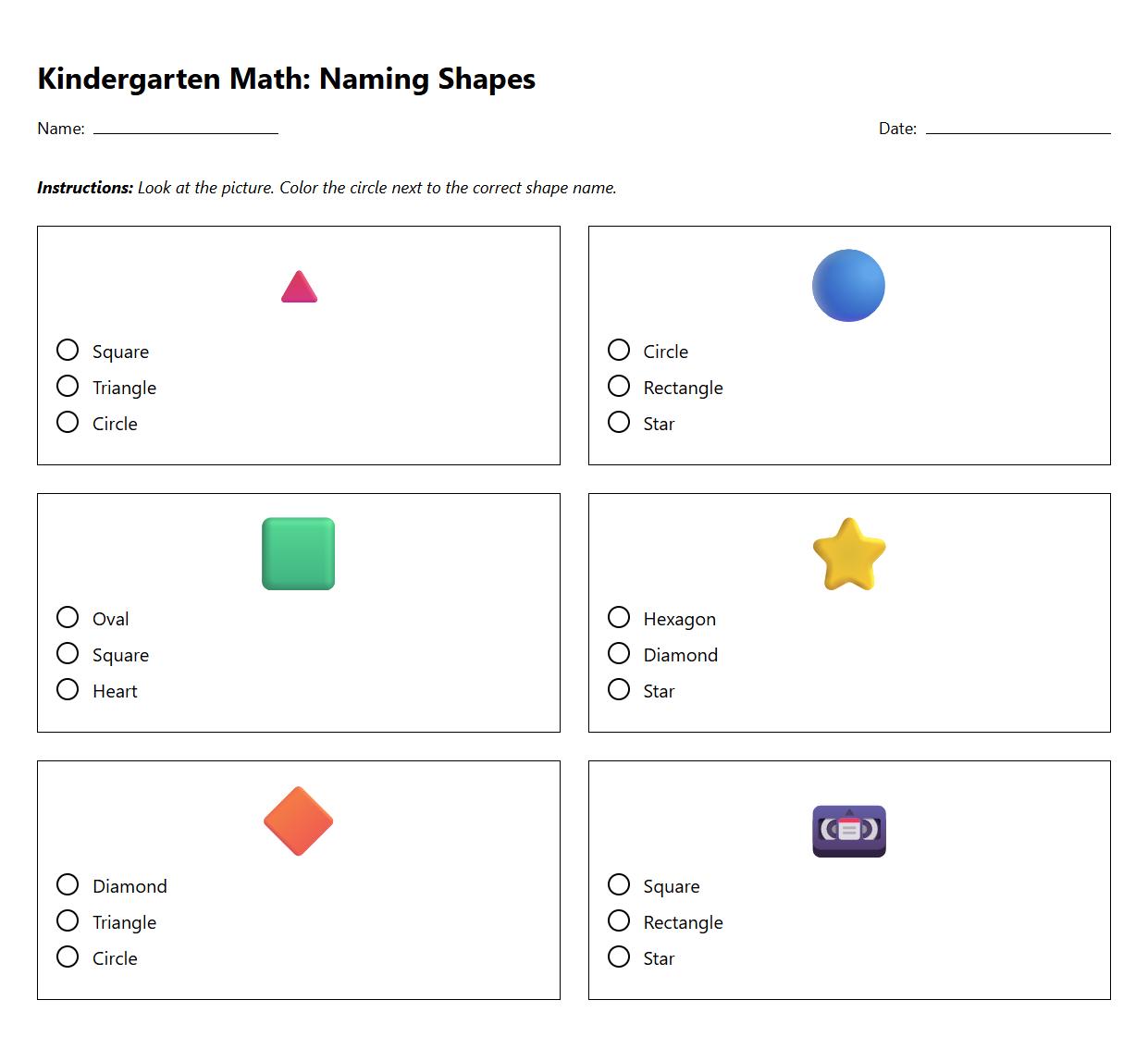 Multiple Choice Worksheet on Geometric Shape Recognition and Vocabulary