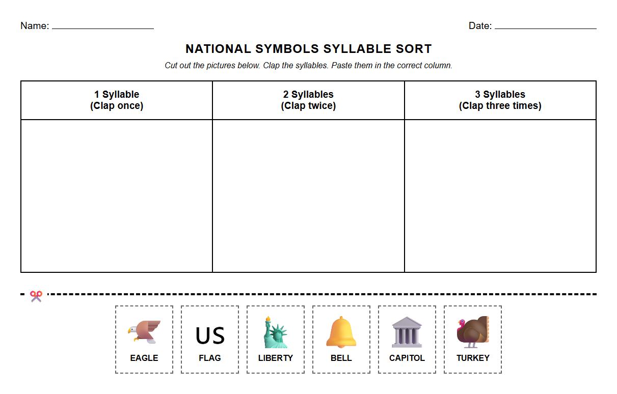 National Symbols Syllable Sorting Cut and Paste Worksheet