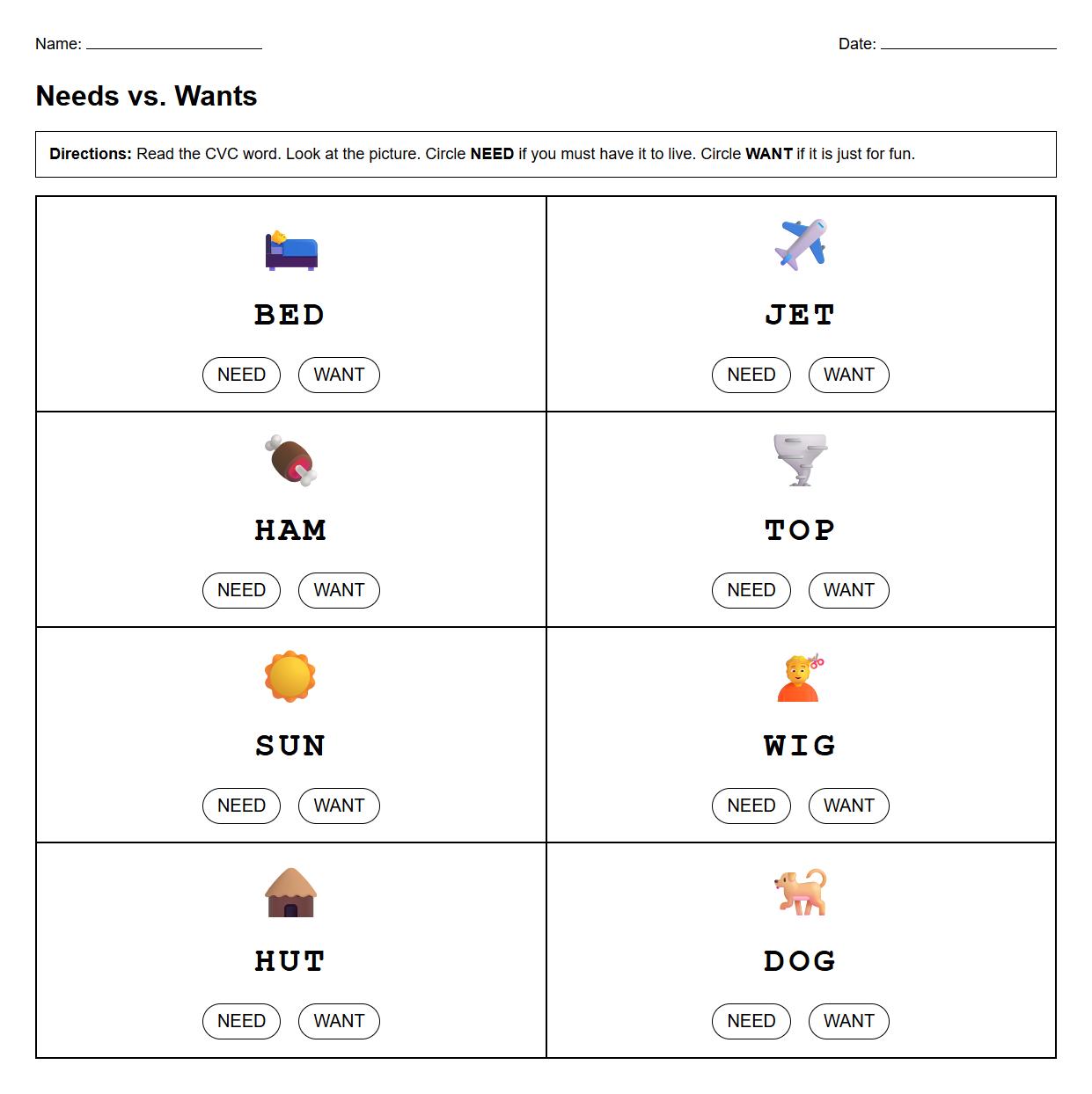 Needs and Wants CVC Word Identification with Phonics