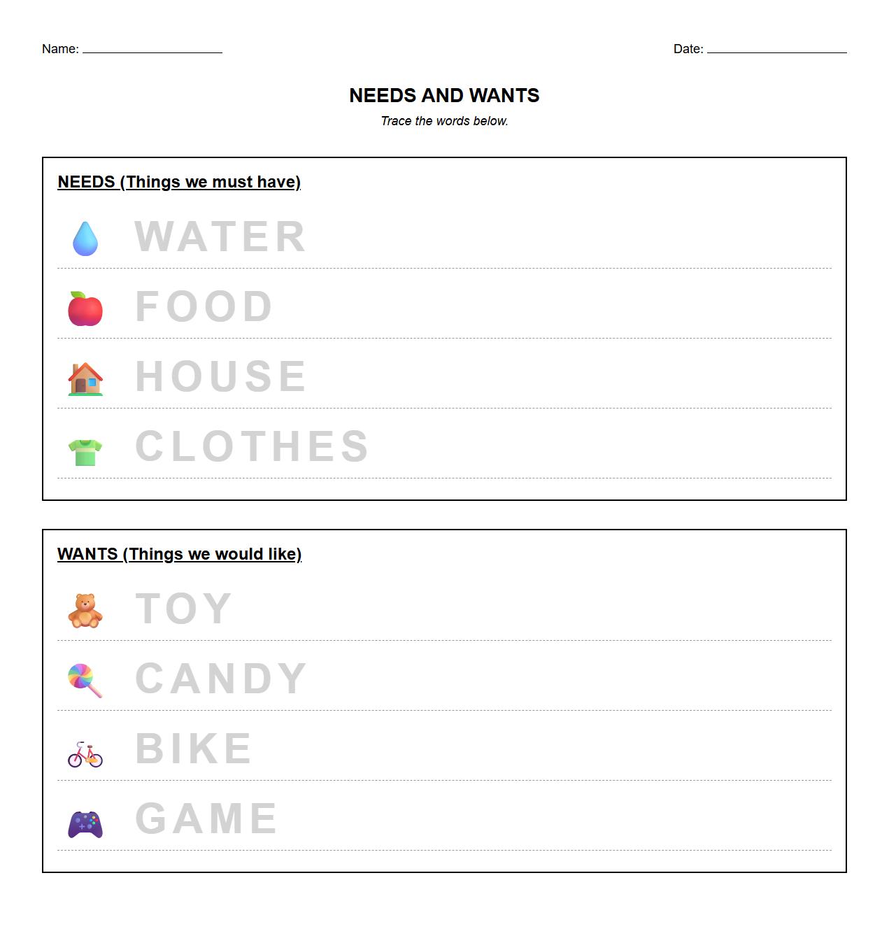 Needs and Wants Tracing Words Worksheet for Vocabulary Building
