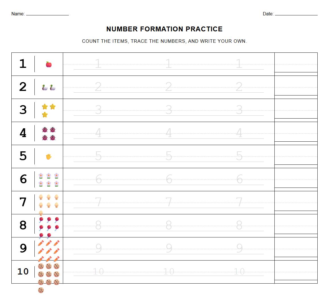 Number Formation Guided Penmanship Practice