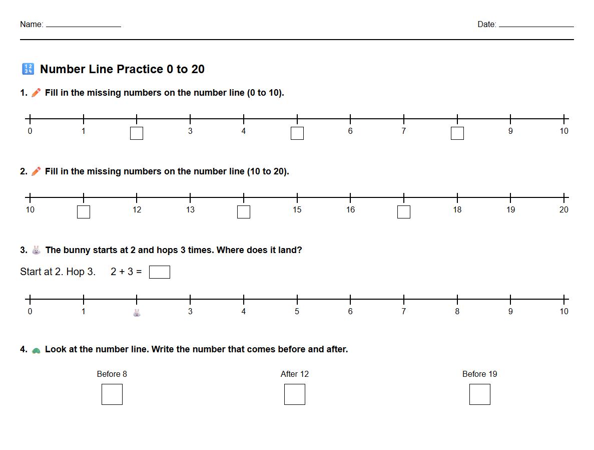 Number Line Practice 0 to 20 Worksheet