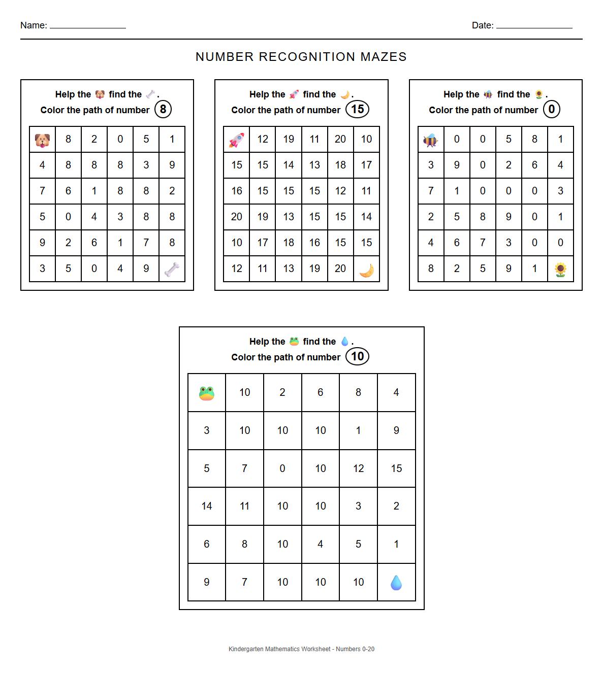 Number Recognition Mazes for 0 to 20
