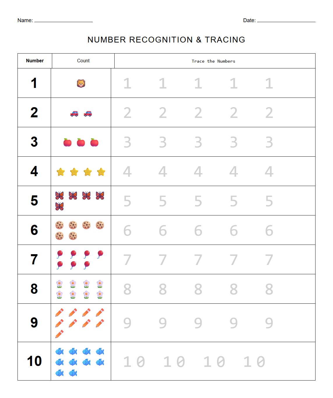 Number Recognition Tracing Worksheet