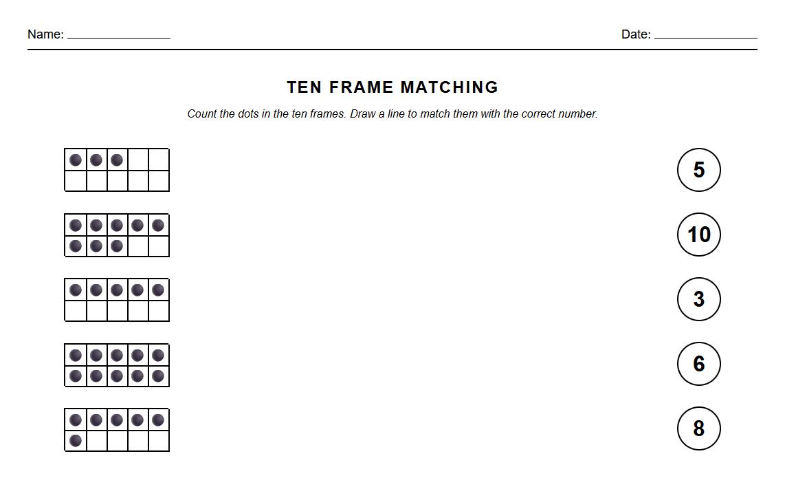 Number Sense Matching with Ten Frames Worksheet