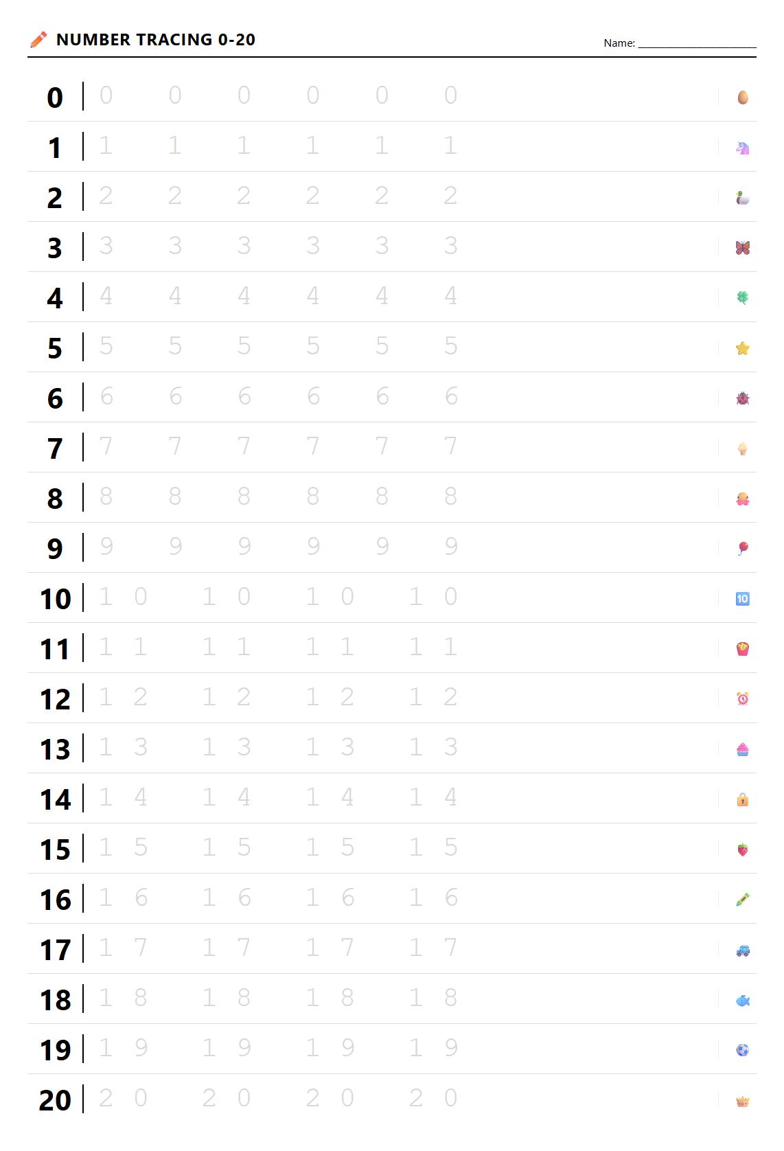 Number Tracing Worksheet for Kindergarten 0 to 20