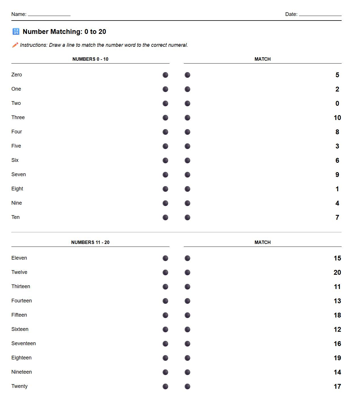 Number Word to Numeral Matching Worksheet 0 to 20