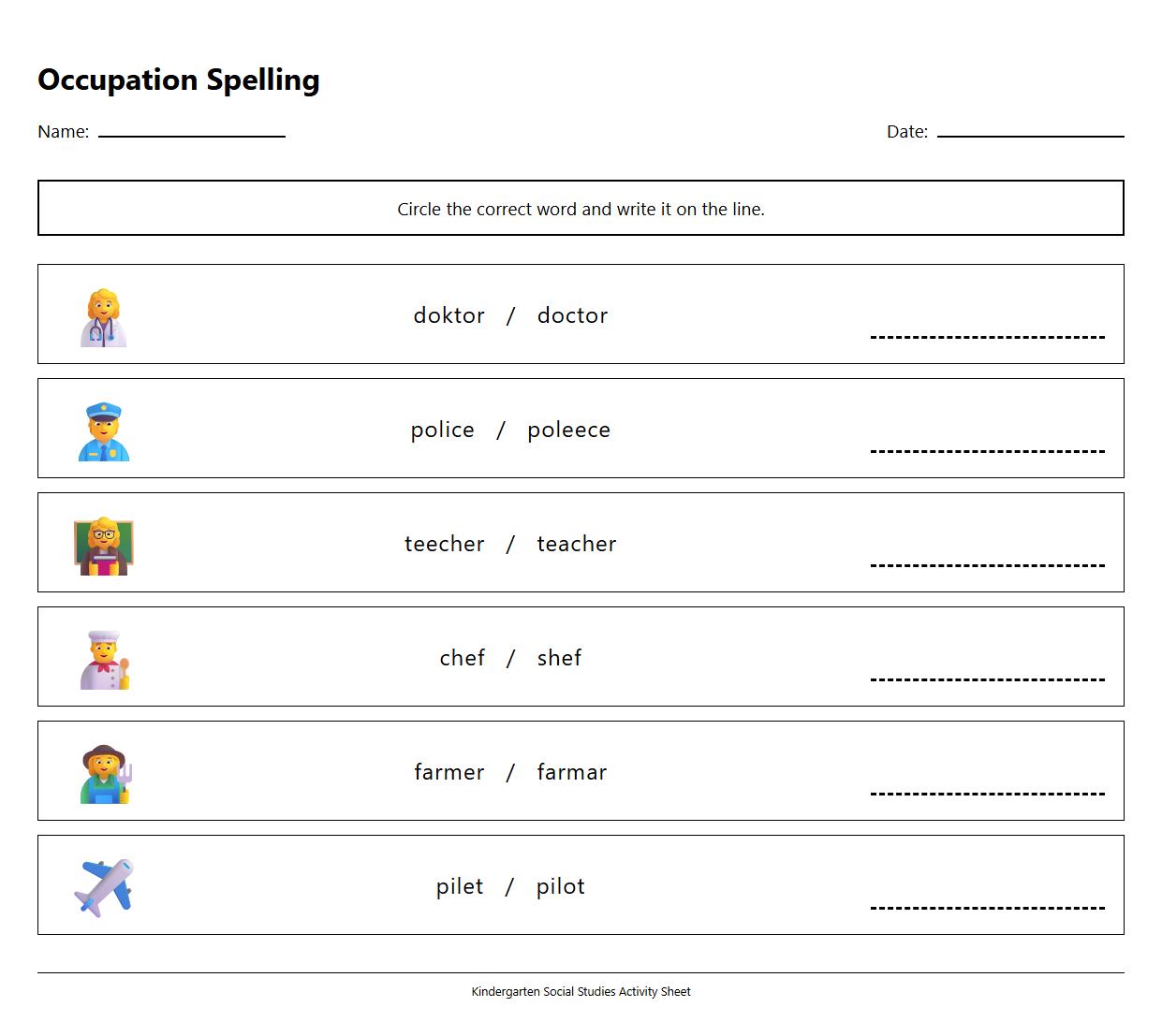 Occupation Spelling Correction Activity Sheet
