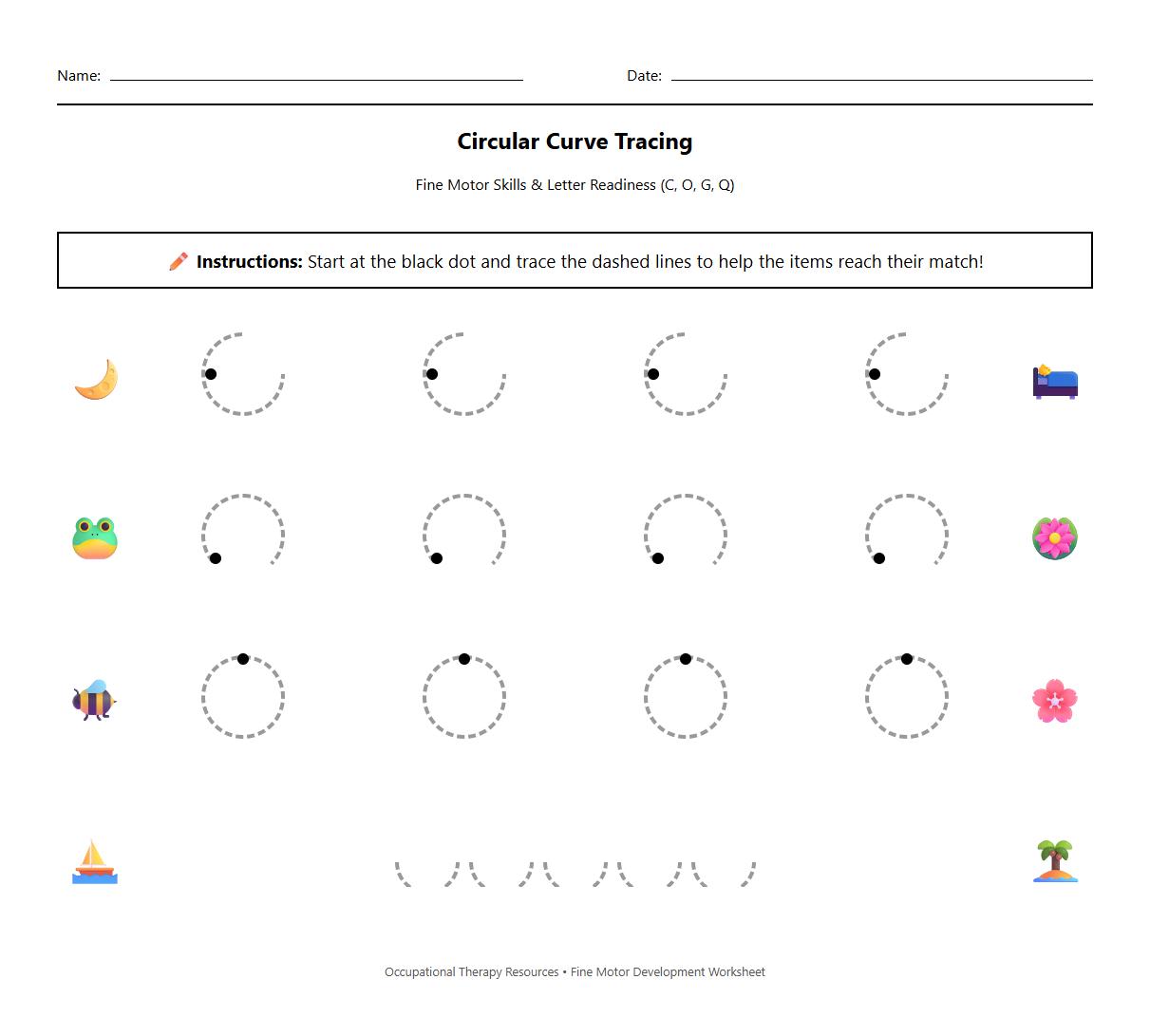 Occupational Therapy Worksheet: Circular Curve Tracing for Letter Formation Readiness