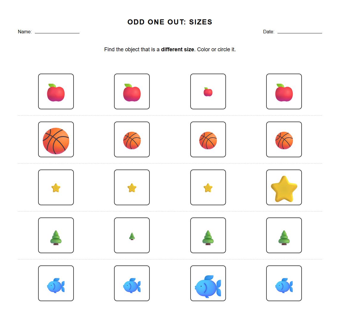 Odd One Out Worksheet: Identify and color the object with a different size in a set