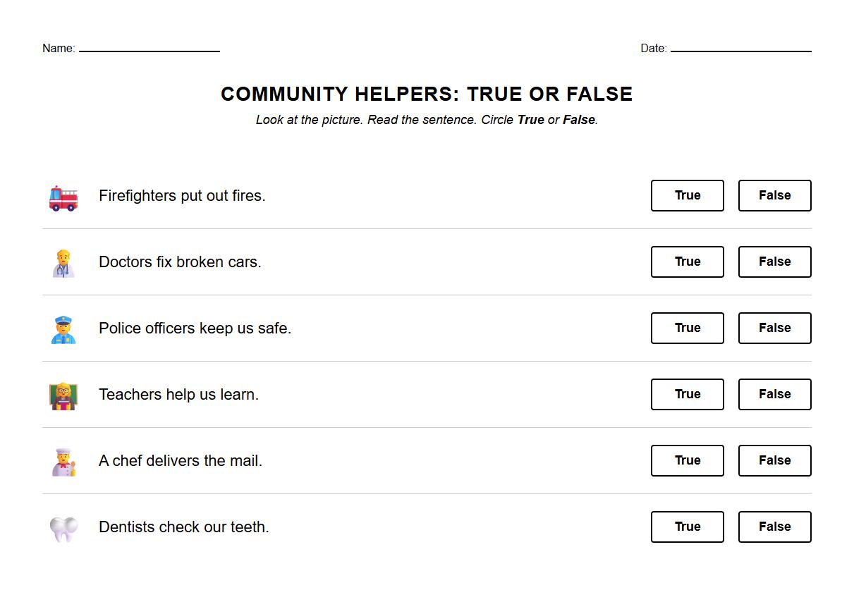 True or False Community Helpers Fact Sheet for Logical Reasoning
