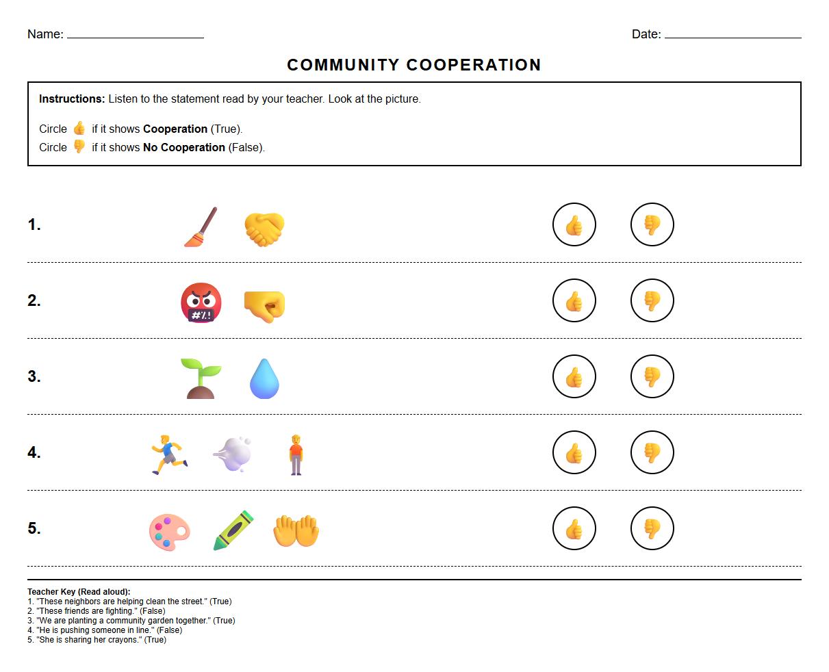 True or False Listening Activity on Community Cooperation