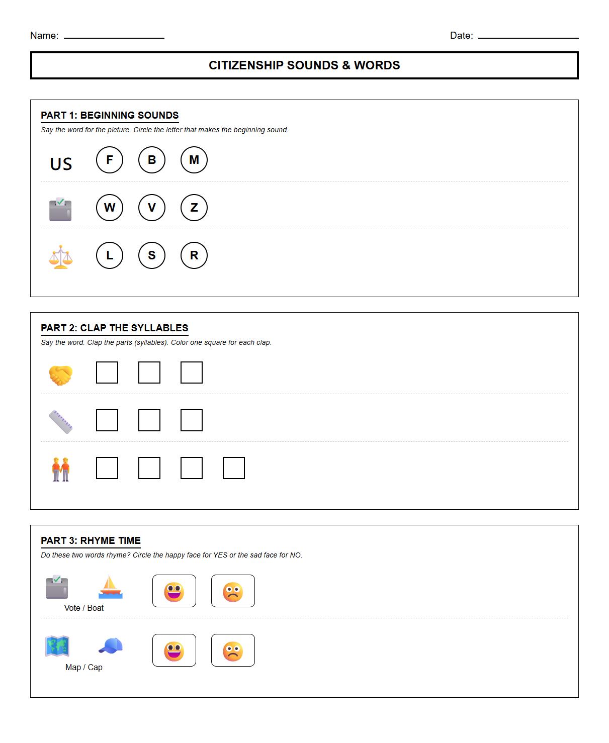 Oral Manipulation of Citizenship Related Words Phonics Drill
