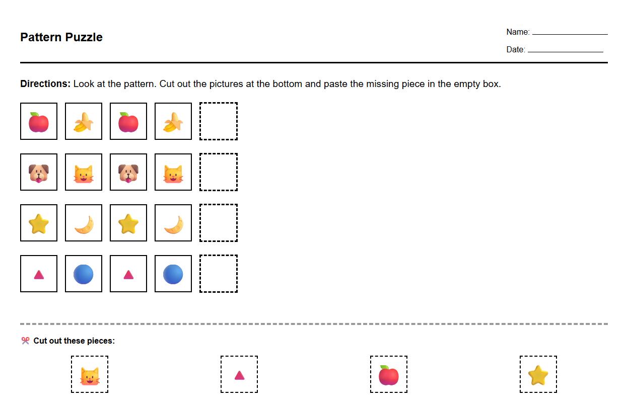 Pattern Completion Cut and Paste Puzzle