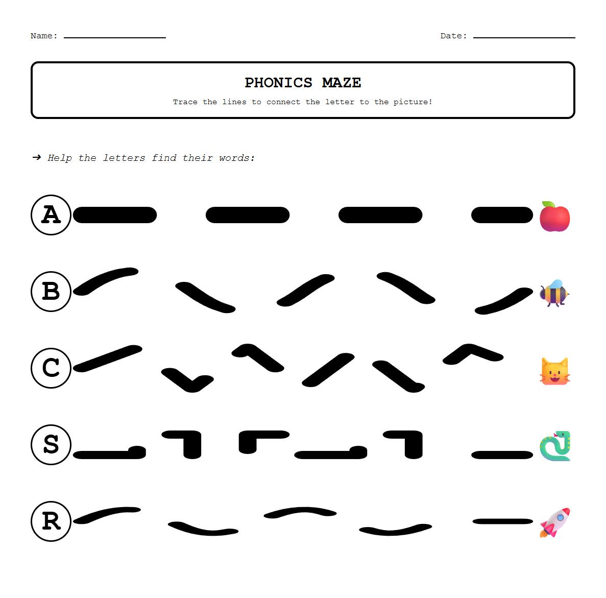 Pattern Tracing Mazes Applying Phonics and Vocabulary Skills