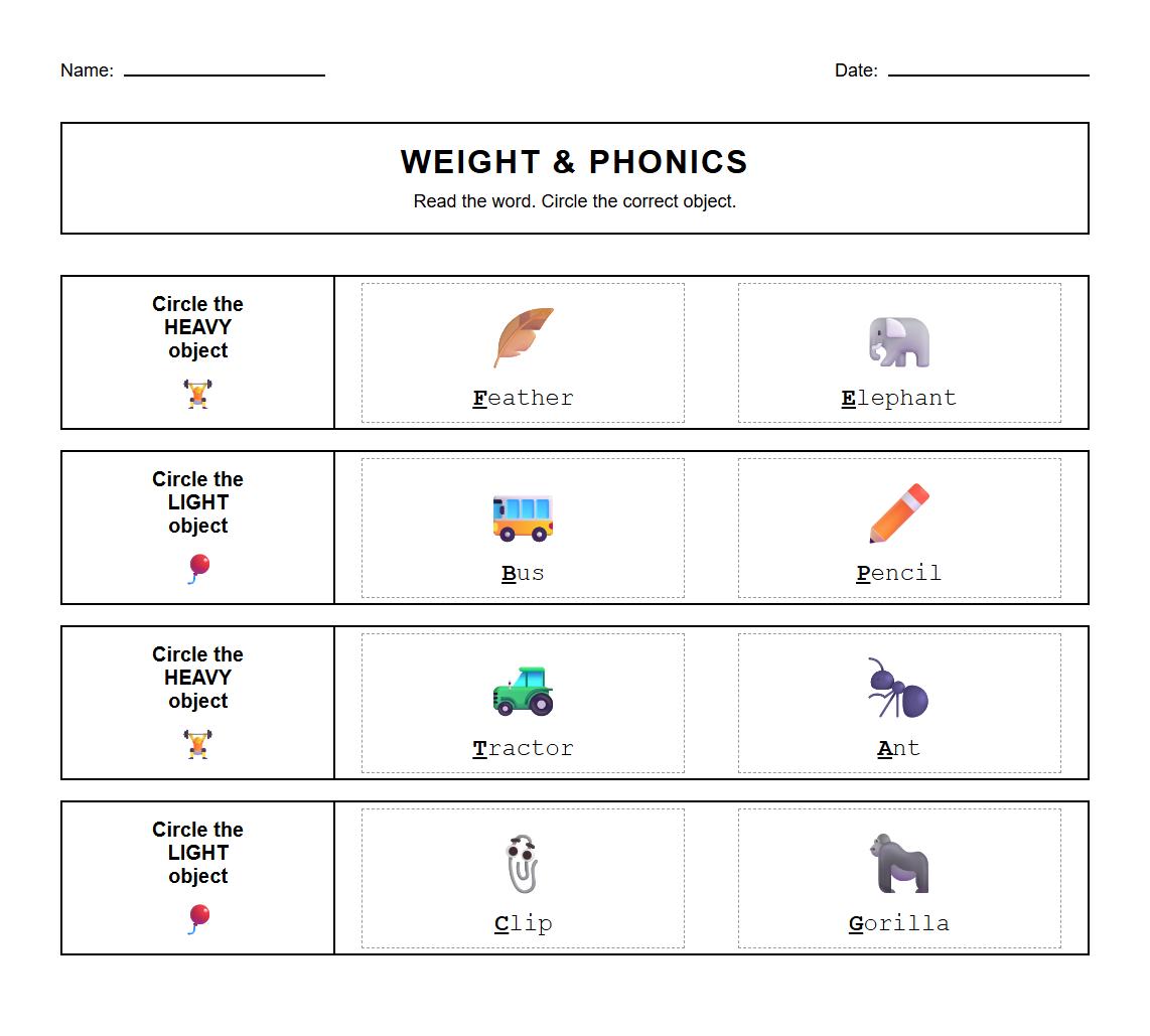 Phonics-Based Differentiation Worksheet Object Weights