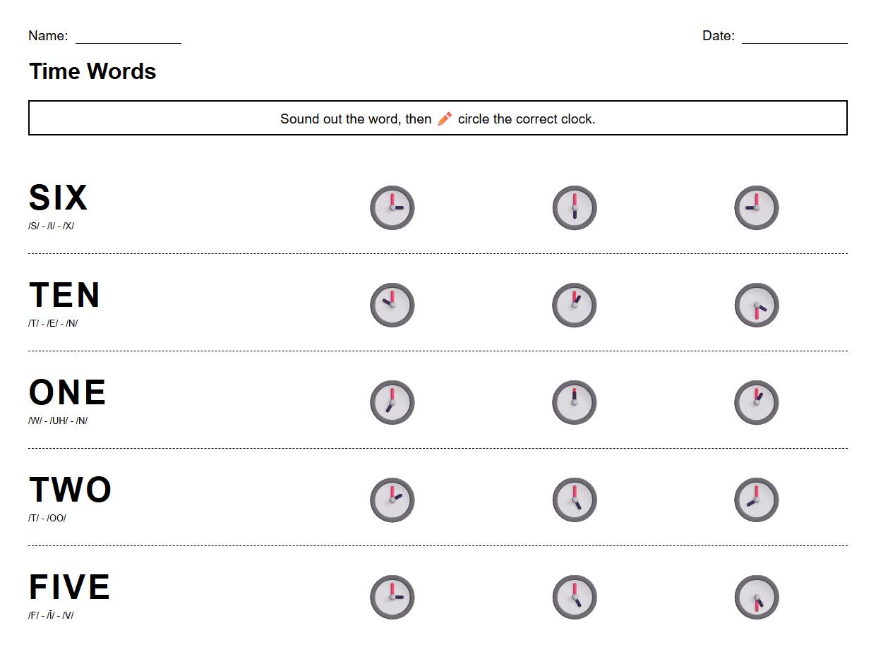Phonics Based Time Word Identification Exercise