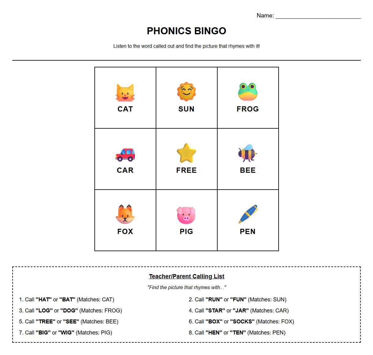 Phonics Bingo with Rhyming Word List Worksheet