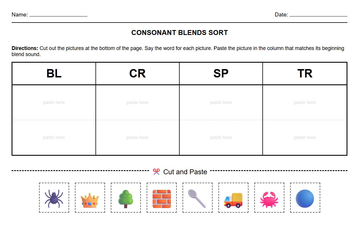 Phonics Consonant Blends Cut and Paste Activity