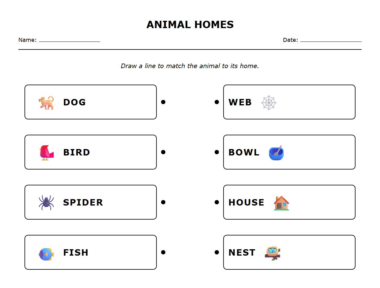 Phonics Matching Animal Names to Homes