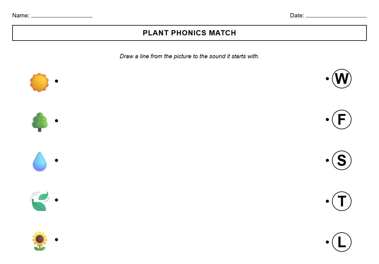 Phonics Matching Worksheet Using Plant Growth Terms