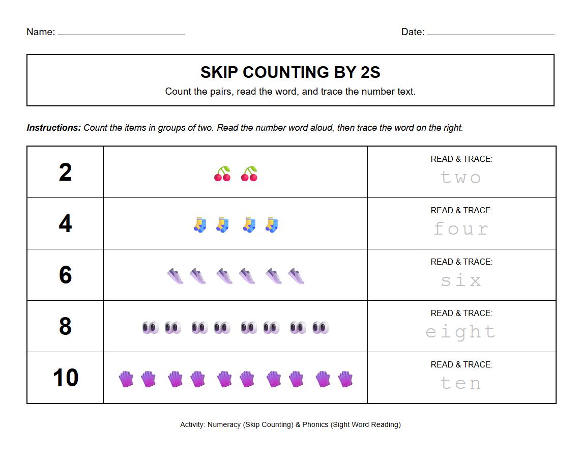 Phonics and Numeracy Combined Skip Counting by 2s Worksheet