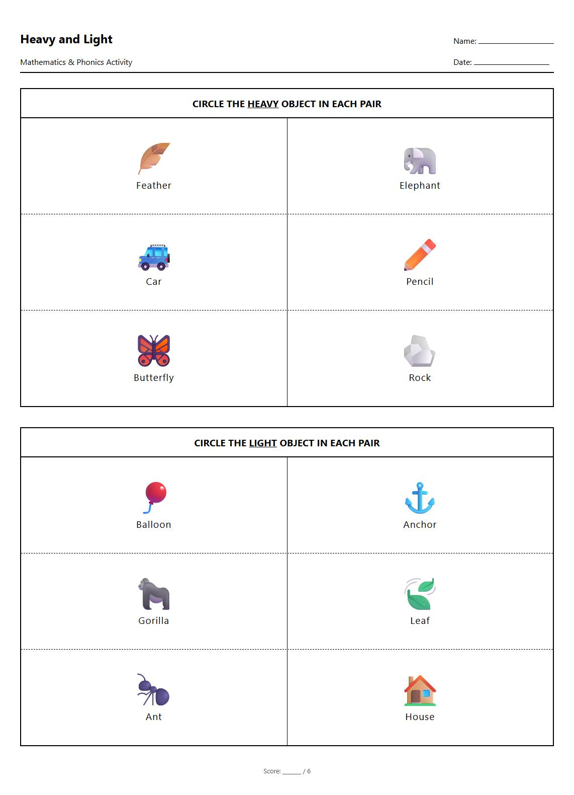 Phonics Picture Matching Heavy and Light Objects