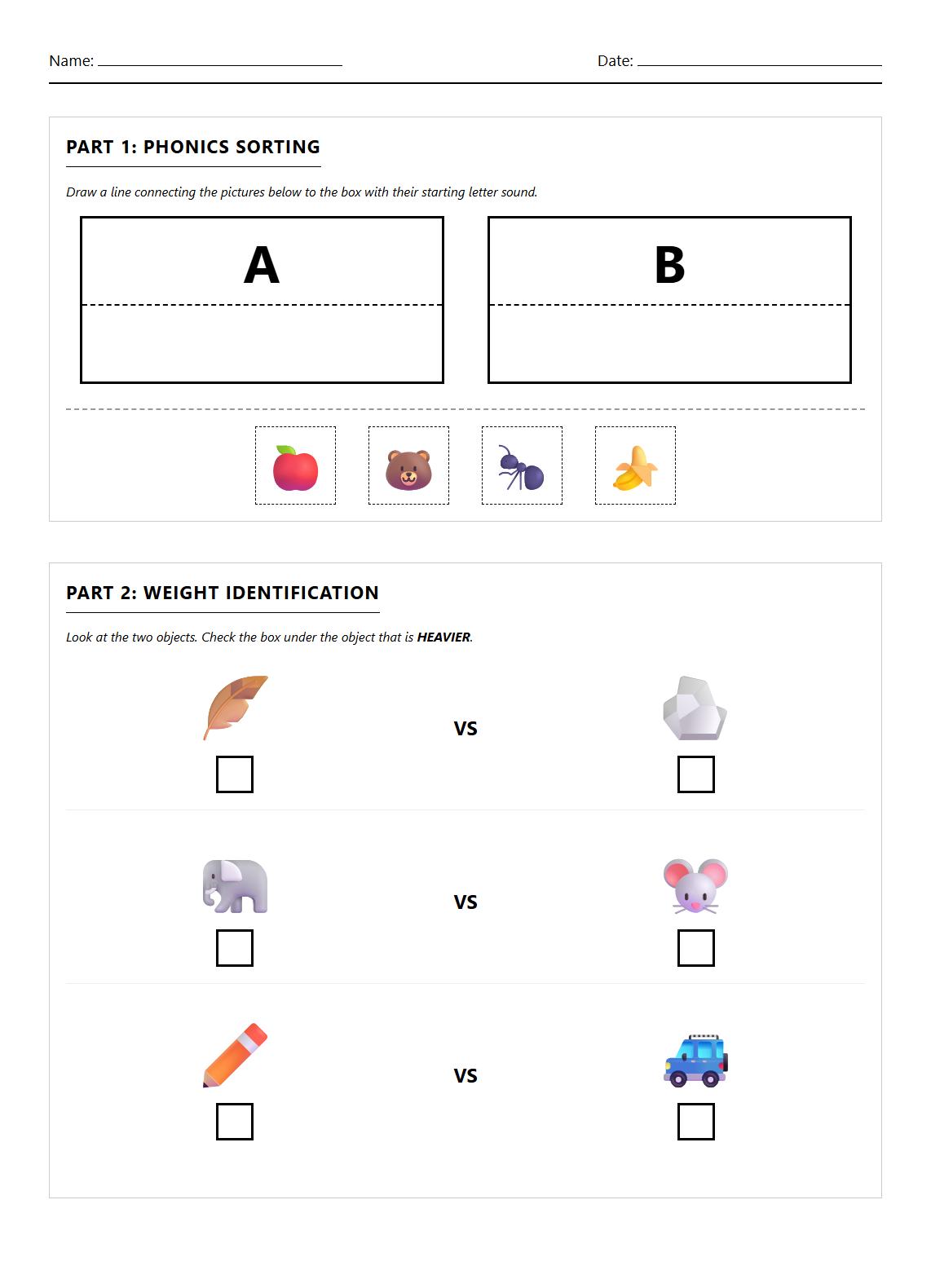 Phonics Sorting and Matching Worksheet Weight Identification