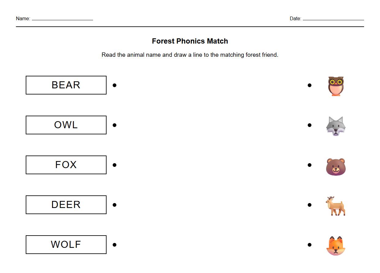 Phonics worksheet matching animal names to forest habitats