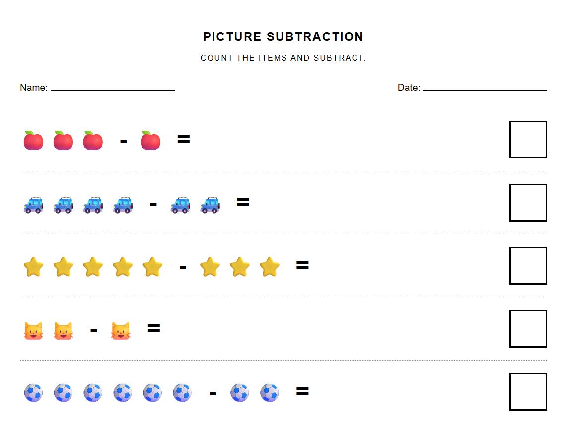 Picture-Based Subtraction Problems Worksheet