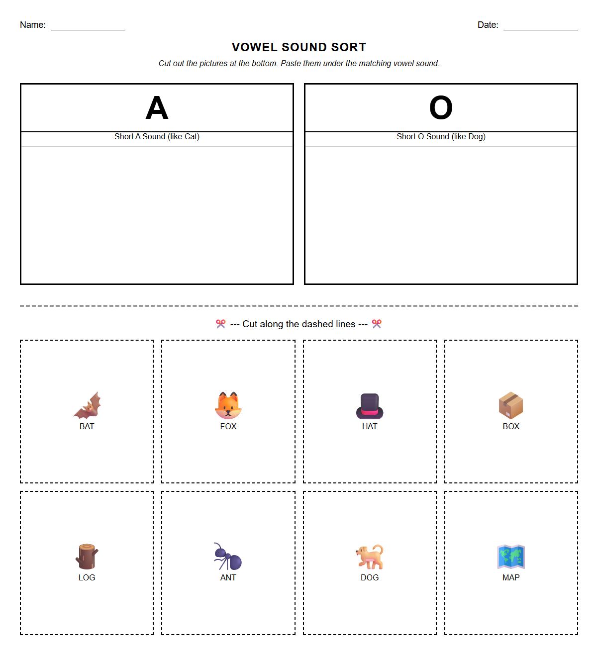 Picture Cut and Paste Vowel Sorting for Phonics