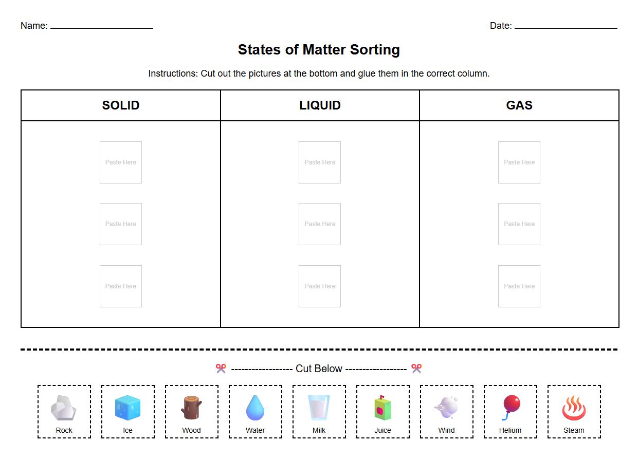 Picture Match States of Matter Cut and Paste Sheets