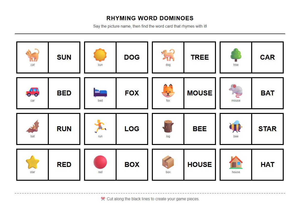 Picture and Word Rhyming Dominoes for Phonics Games