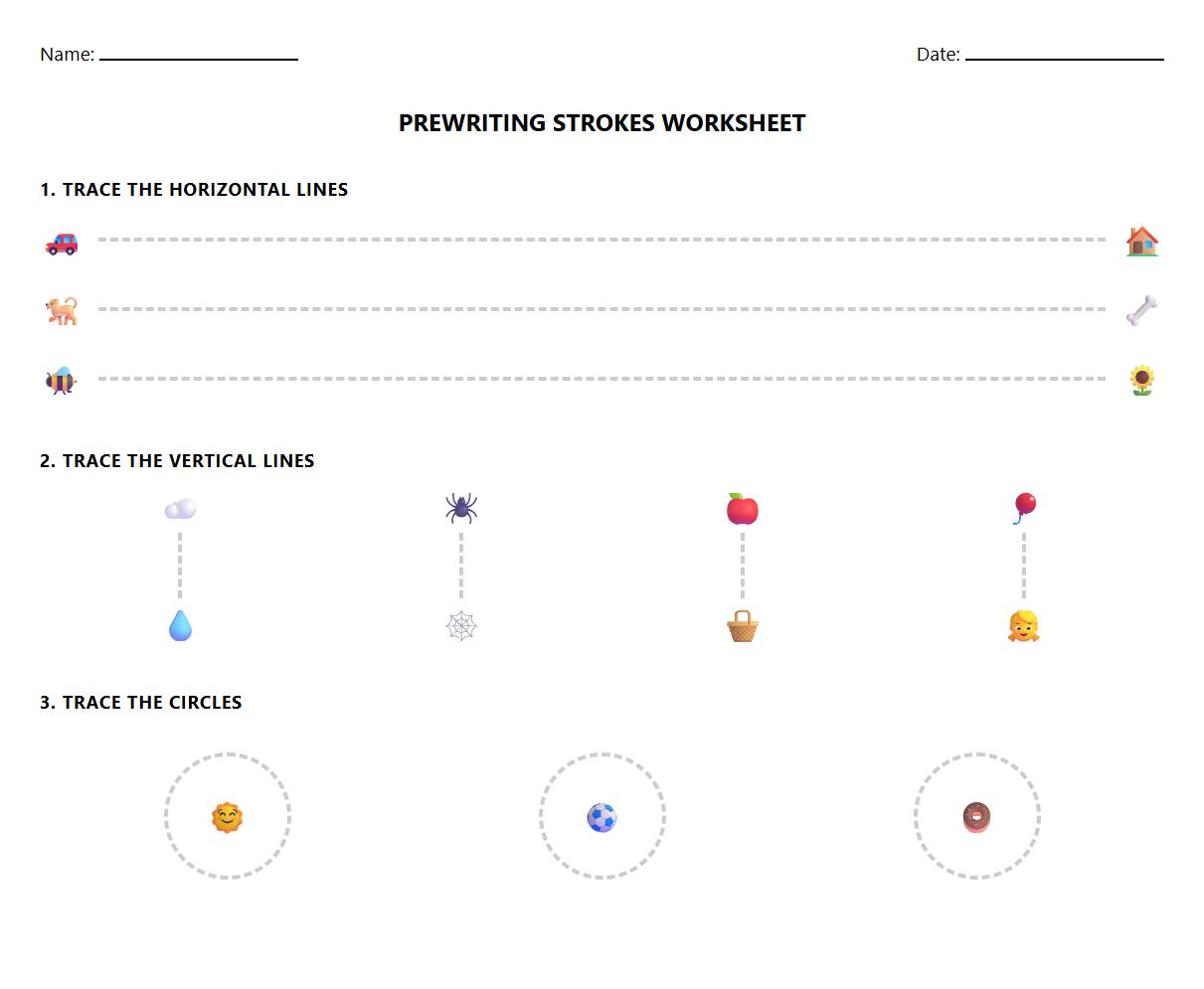 Prewriting Strokes Tracing Worksheet: Vertical, Horizontal, and Circular Motions