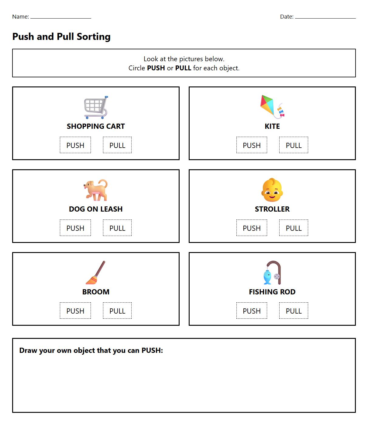 Push and Pull Sorting Worksheet using Everyday Objects