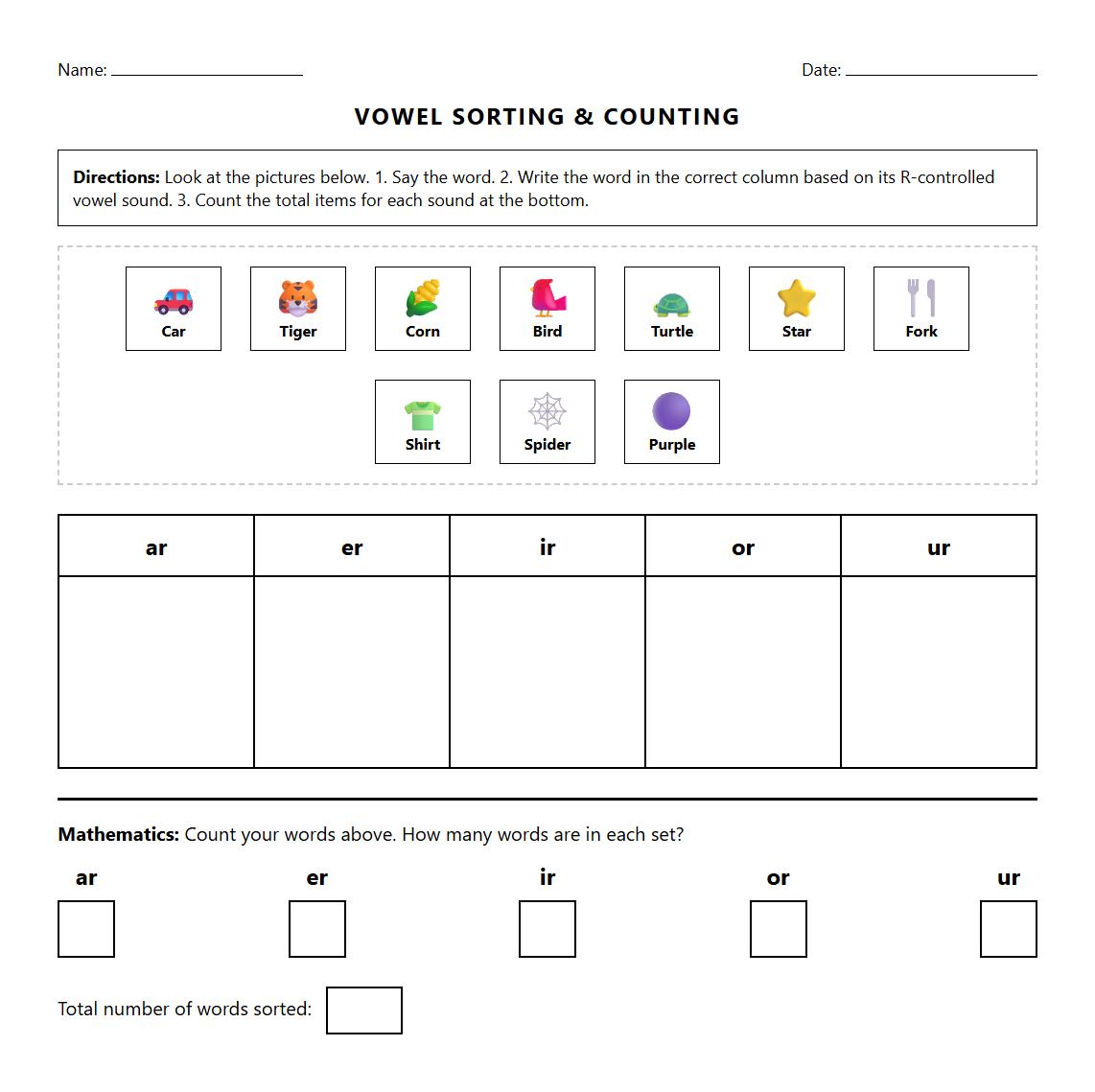 R Controlled Vowel Classification Worksheet