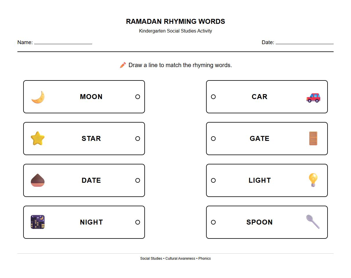Ramadan Rhyming Words Activity Sheet
