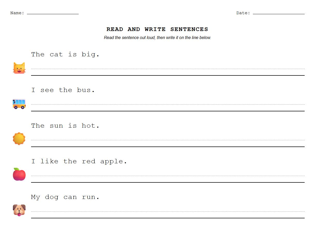 Read and Write Kindergarten Sight Word Sentences Worksheet