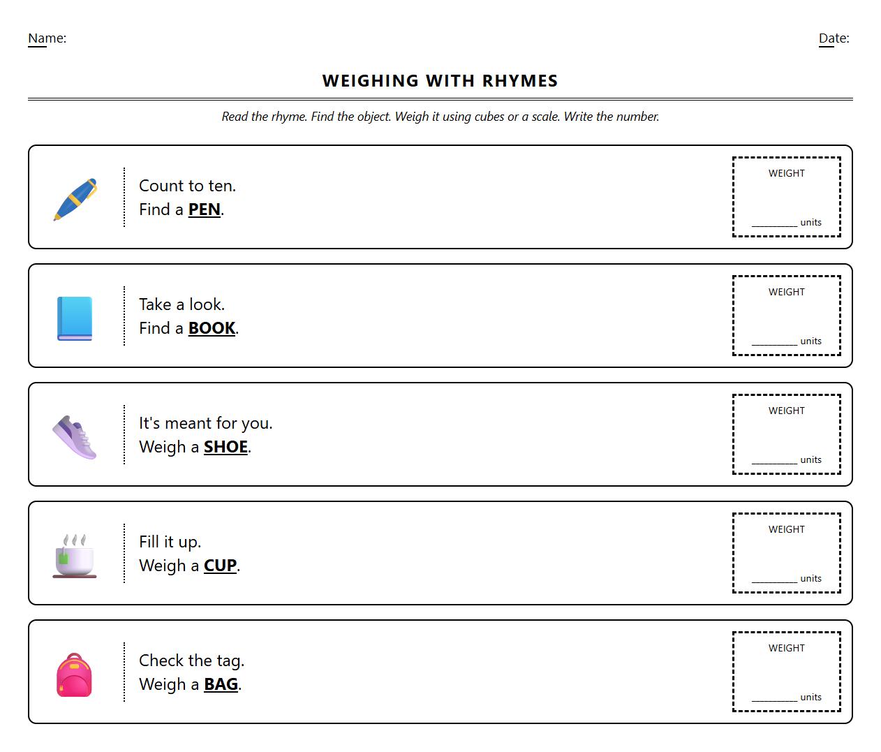 Recording Object Weights Worksheet with Rhyming Word Prompts