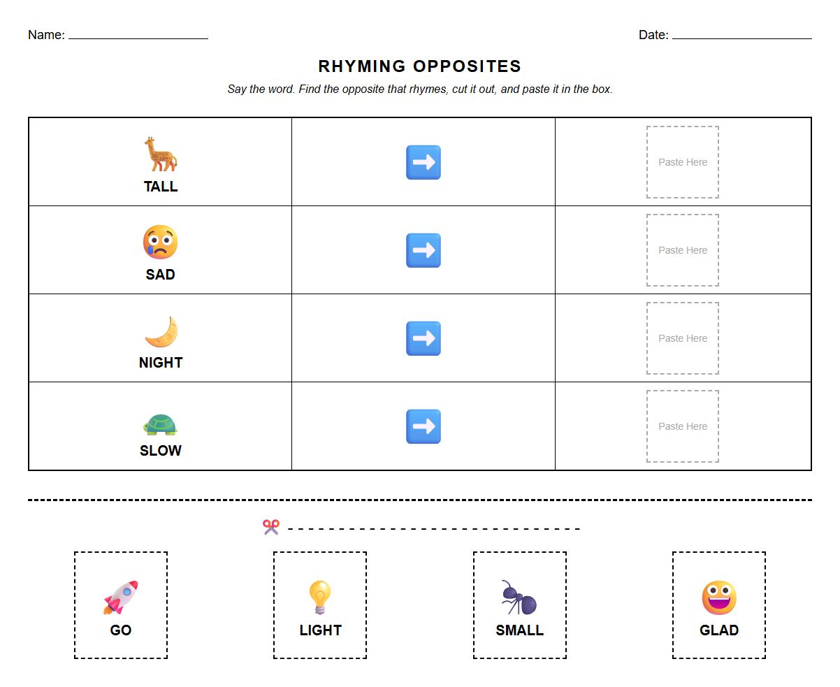 Rhyming Opposites Cut and Paste Worksheet