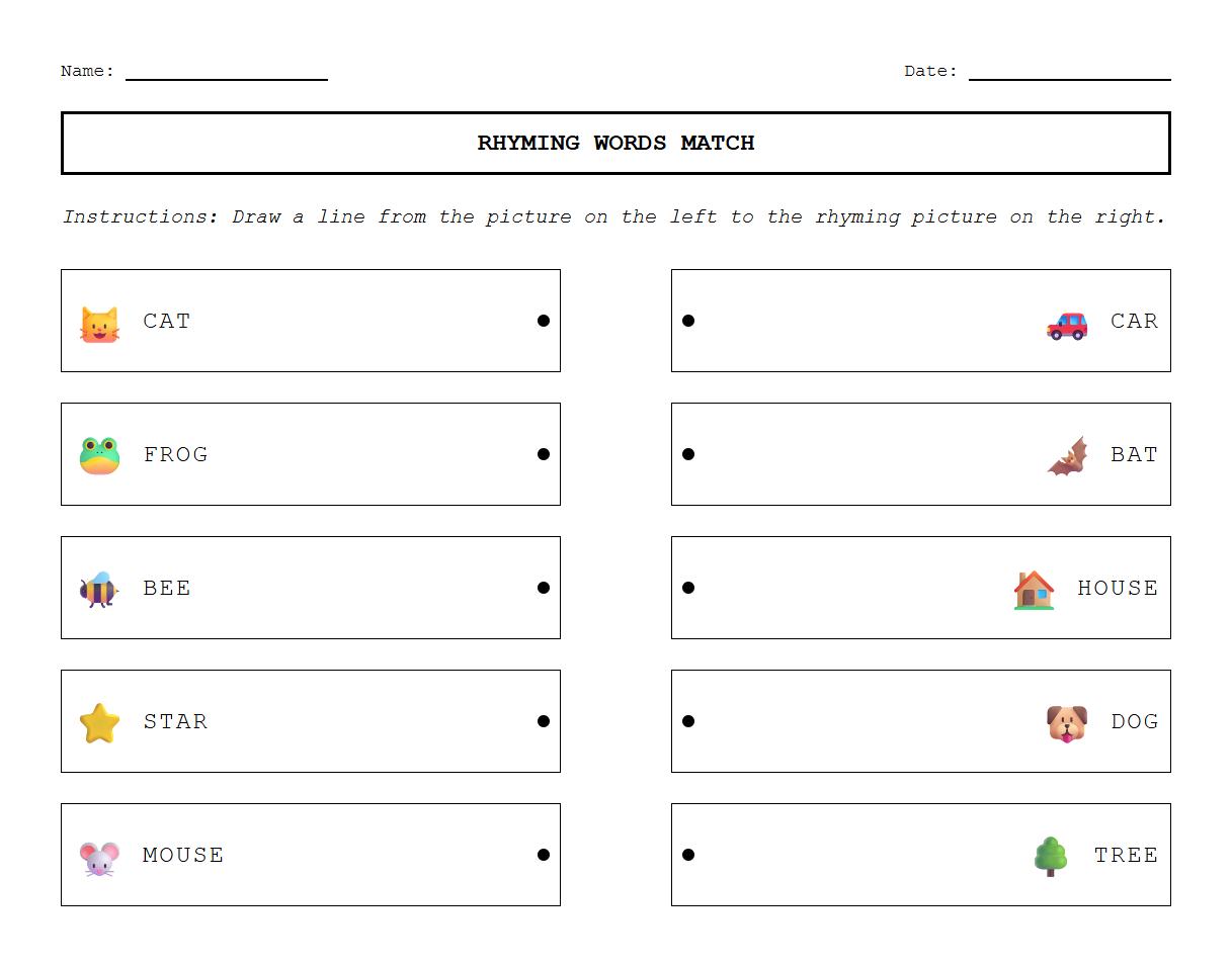 Rhyming Words Matching with Phonics Pictures Worksheet