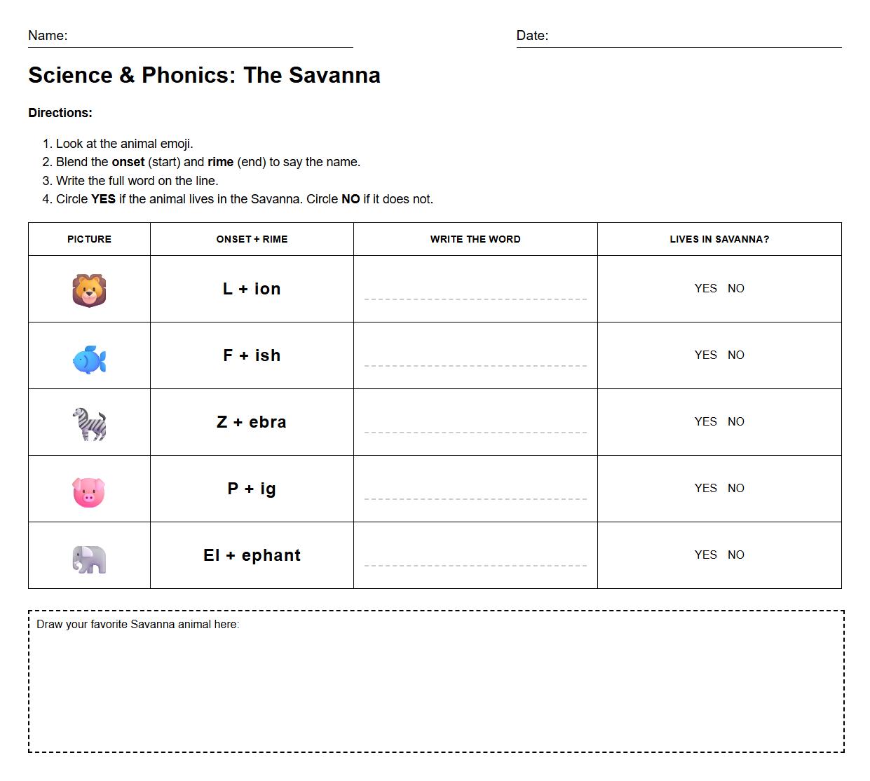 Savanna Animal Habitat Identification Worksheet with Onset and Rime Phonics