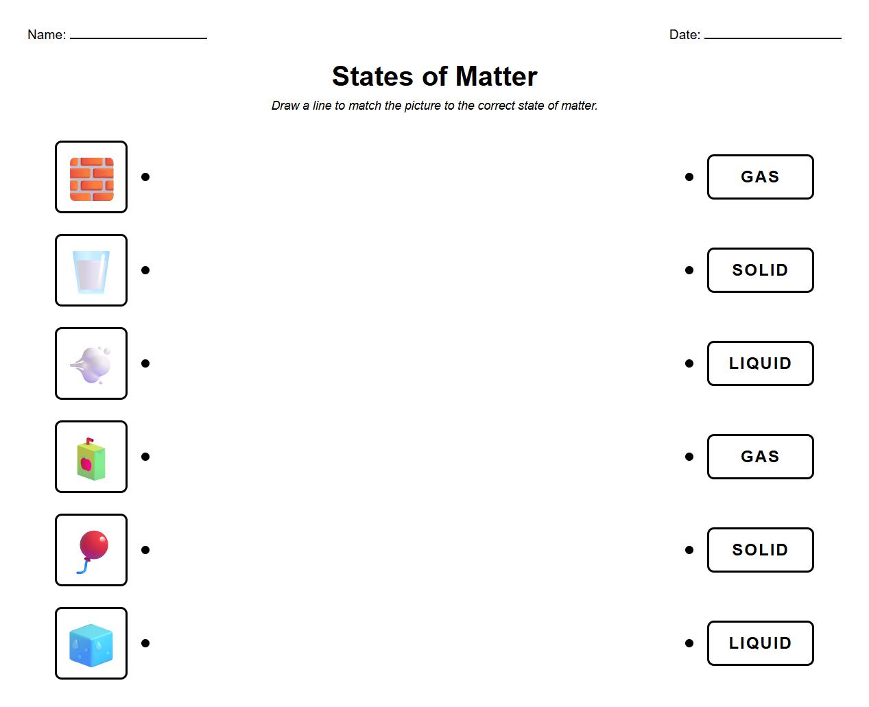 Science Vocabulary Matching for Solid Liquid Gas