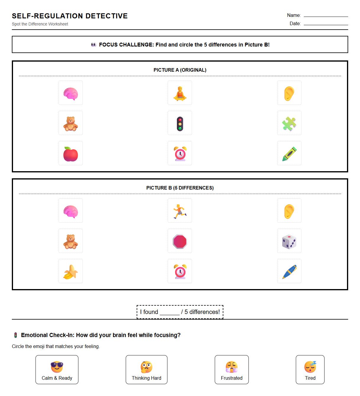 Self Regulation Spot the Difference Worksheet for Executive Function Monitoring