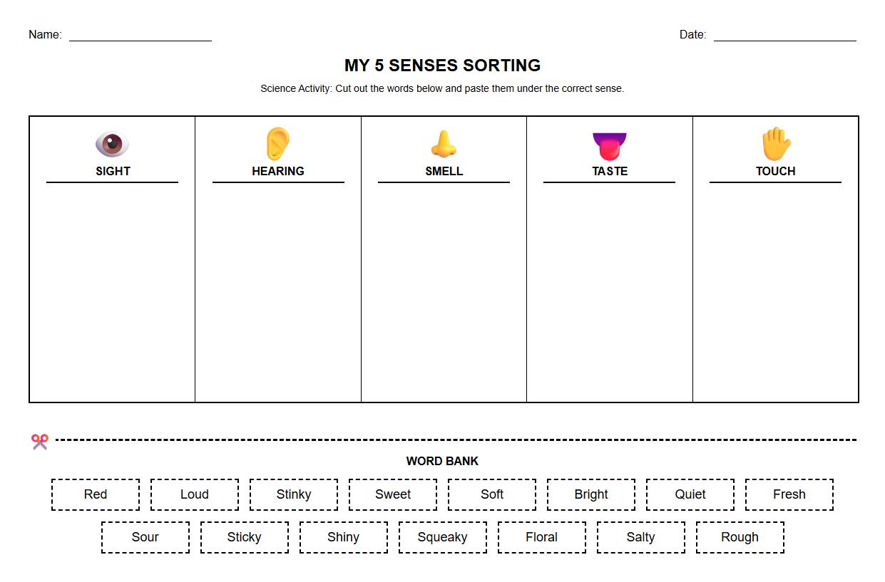 Sensory Descriptor Word Bank Cut and Paste Task