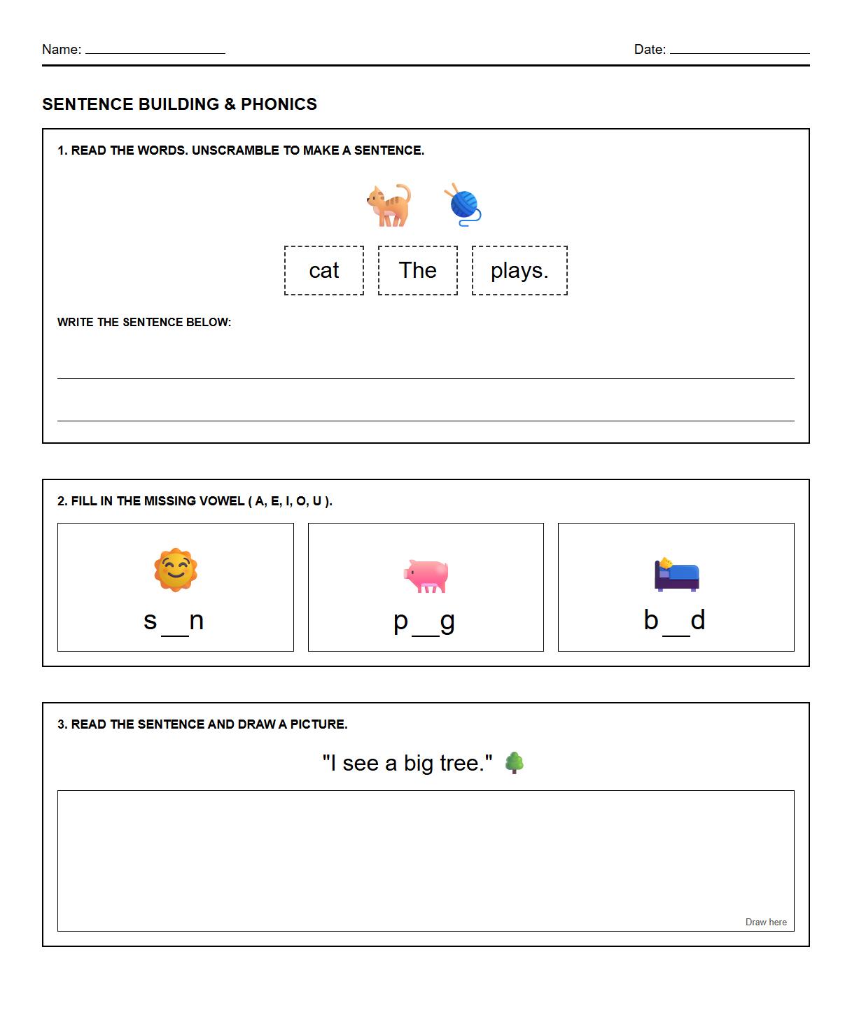 Sentence Building with Sight Words and Phonics Practice