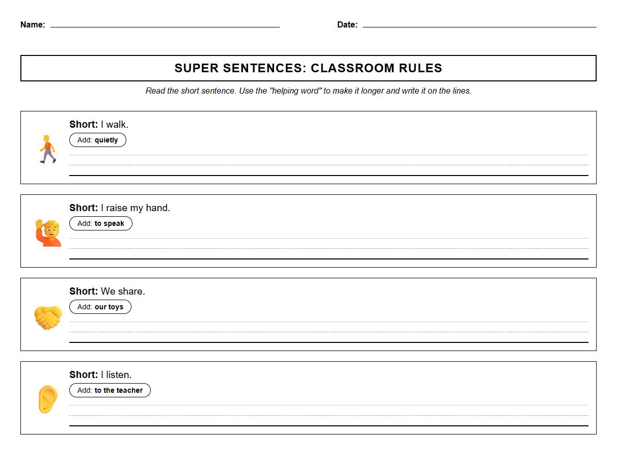 Sentence Expansion Exercise with Classroom Procedure Terminology